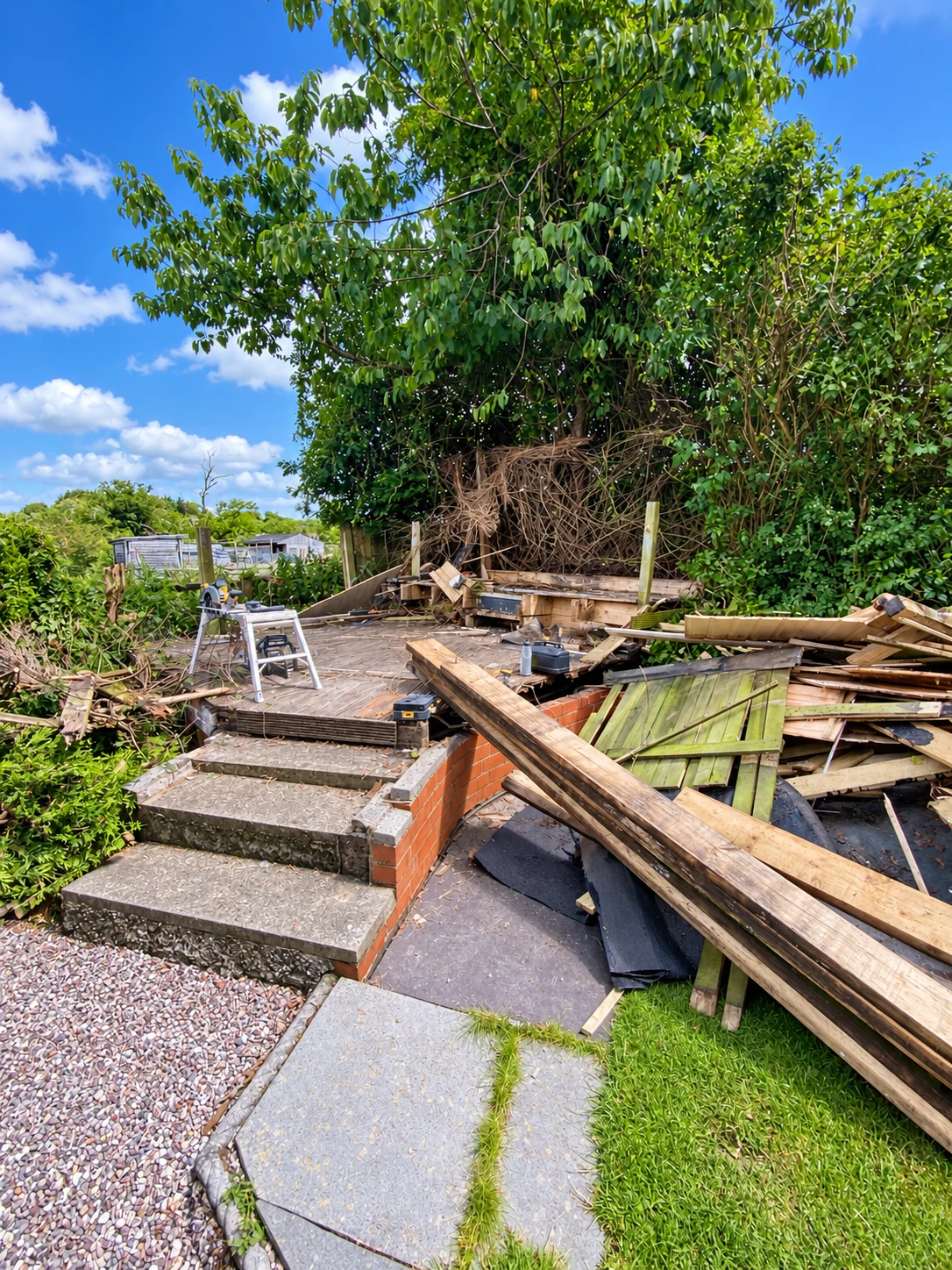 The original decking and clearance during the Brinscall terrace transformation